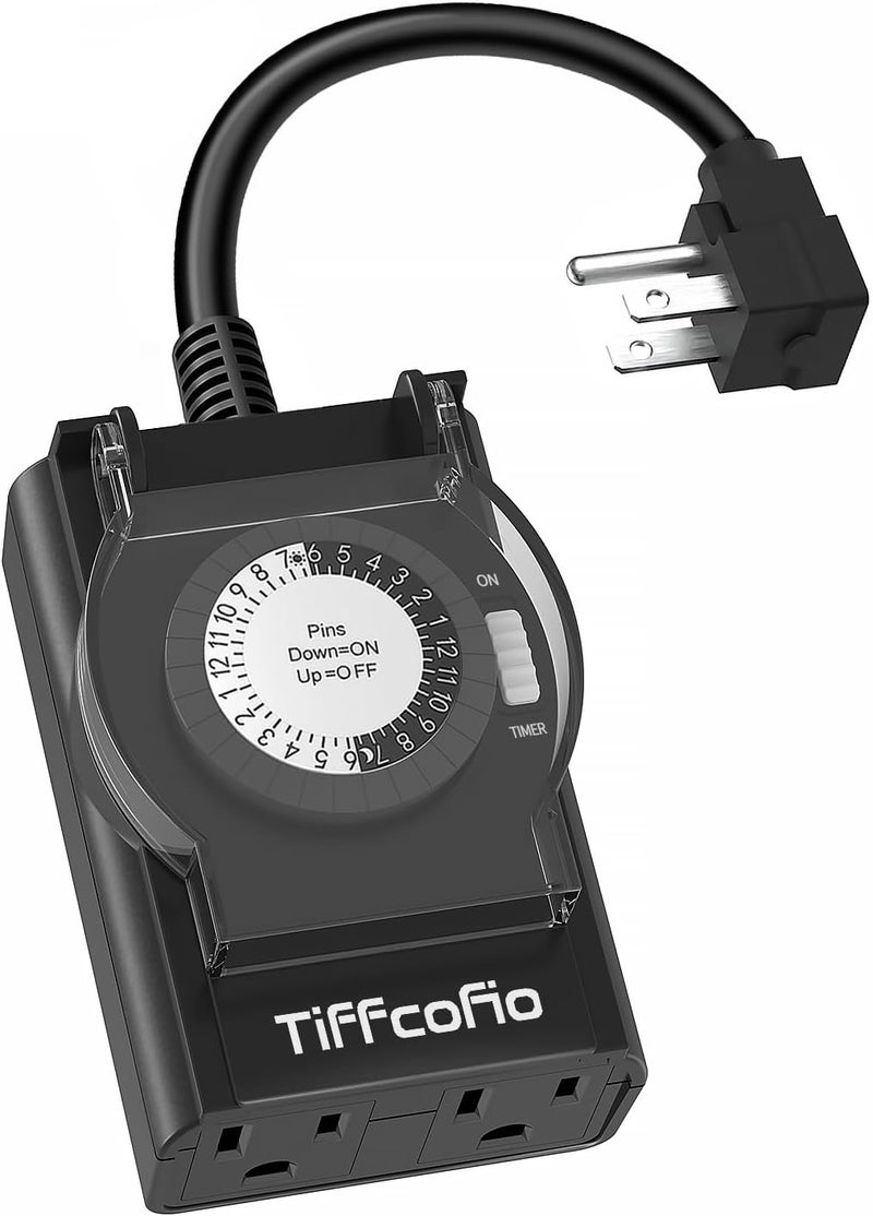 Tiffcofio Outdoor Timer Outlet Waterproof, 24 Hour Mechanical Light Timer Outdoor, 2 Grounded Outlets for Home and Garden, 15A 1/2HP, Heavy Duty, ETL Listed (1 Pack) - Image 1